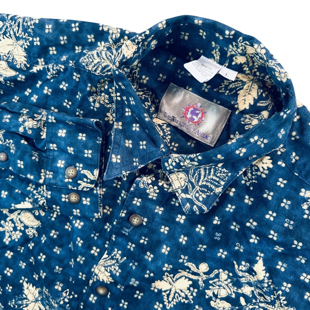 The Territory Ahead Men's Large Indigo Blue Cotton Botanical Block Print Shirt